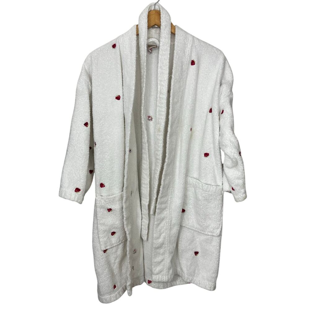 High Sierra Womens Robe White with Strawberries Medium Belted Short Bathrobe